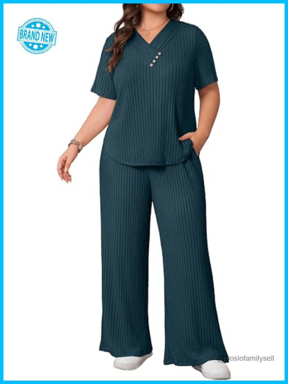 Plus Size Lounge Set 2 Piece Ribbed Knit Short Sleeve Top Wide Leg Pants